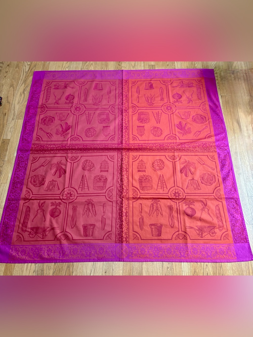 Le Jacquard Francais Primrose Bordier Tablecloth 62 x 58”Magenta Wine Terracotta